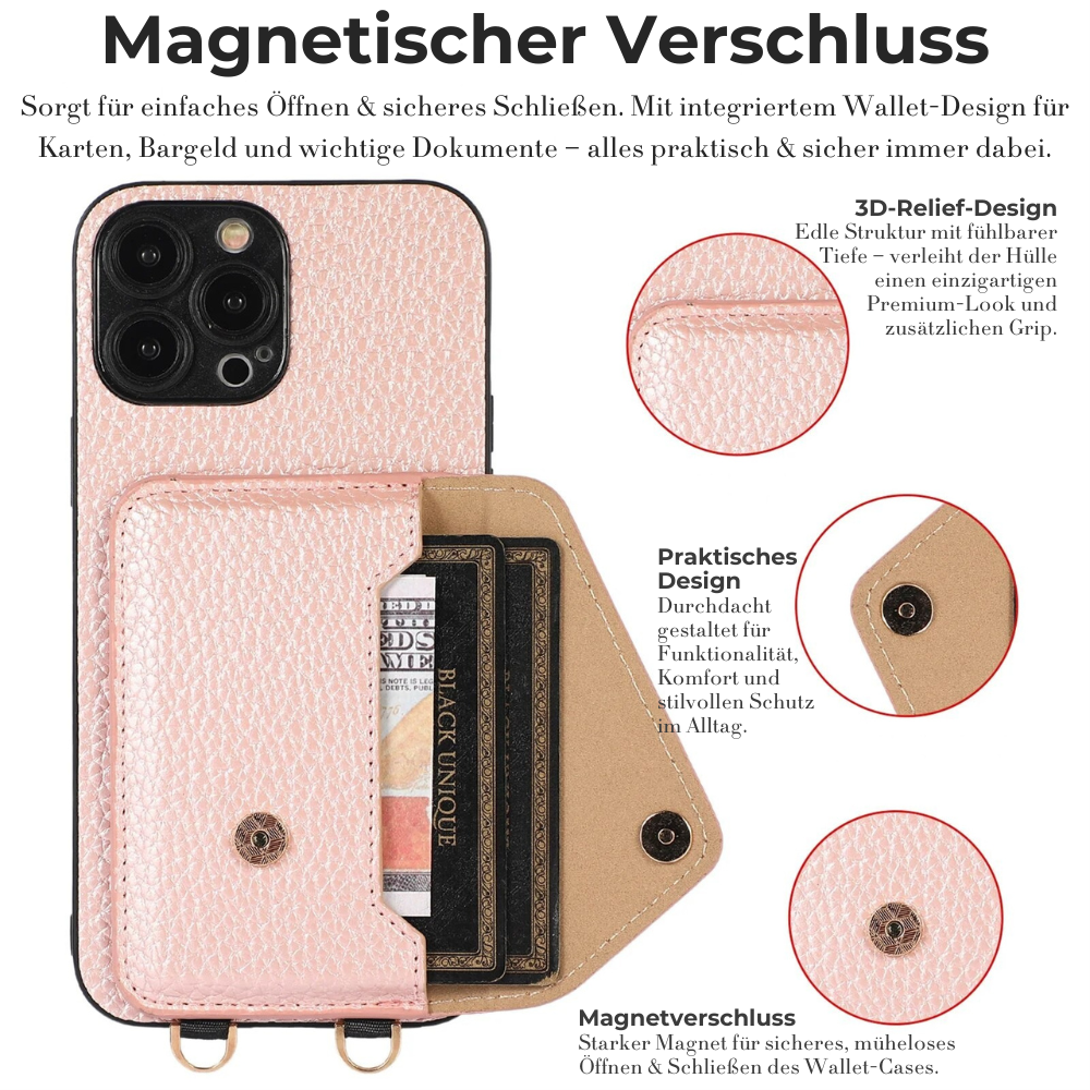 <tc>Étui portefeuille en cuir de luxe avec bandoulière pour Apple iPhone | Housse premium avec porte-cartes, fonction portefeuille et cordon élégant | Coque de protection antichute avec pare-chocs robuste, design raffiné et finition de haute qualité</tc>