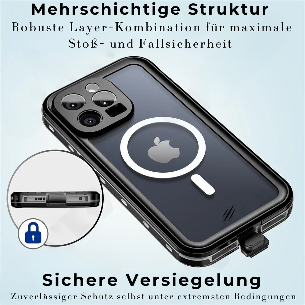 Premium IP68 Wasserdichte Magnet-Hülle mit MagSafe für Apple iPhone 16/16e, 15, 14, 13, 12 Pro Max, Pro, Plus & Mini: 360° Vollschutz Case, Militärpanzer-Design | Staubdicht, Stoßfest Cover mit Kameraschutz | Ideal für Tauchen und Schwimmen