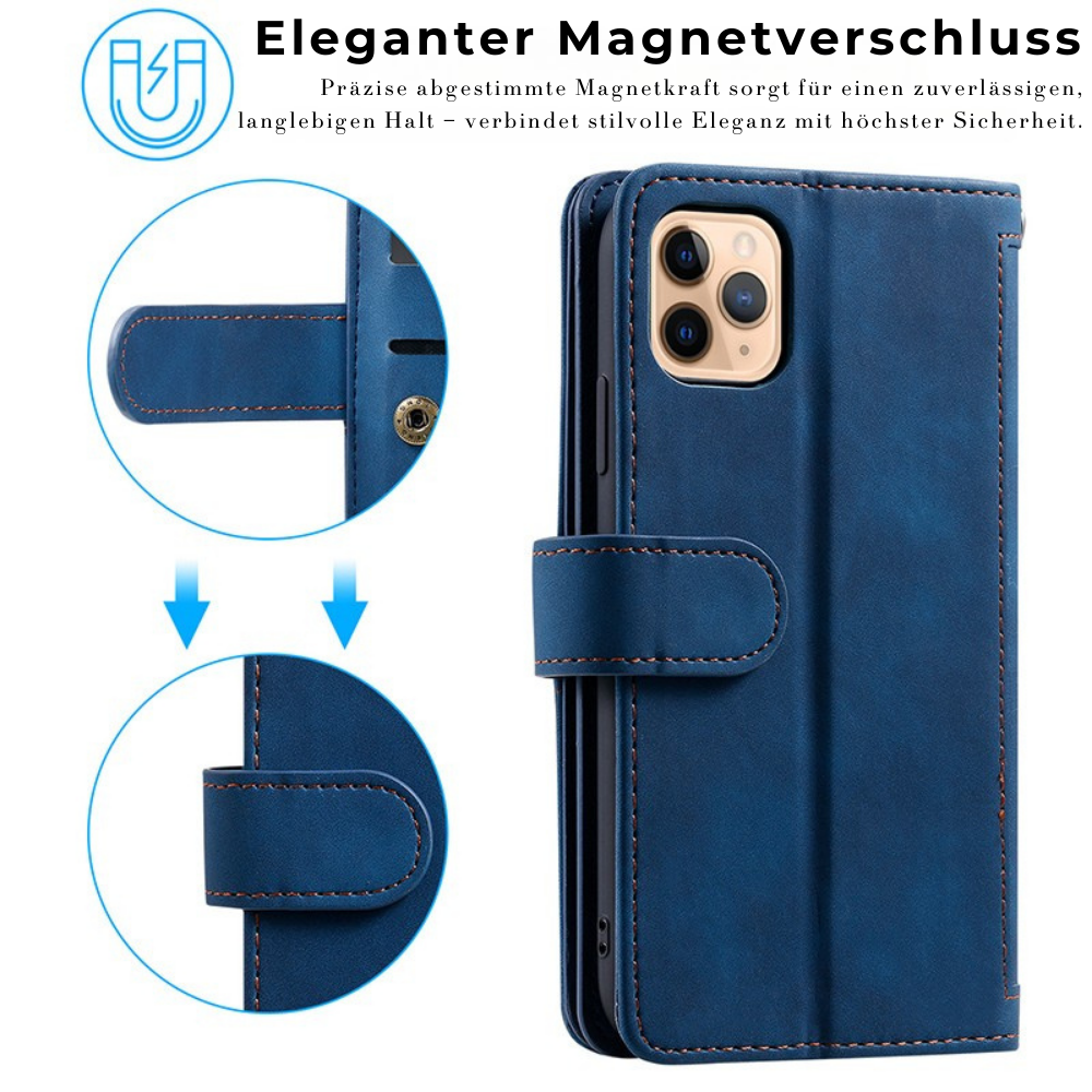 Hochwertige Leder-Handyhülle mit Reißverschluss, Kartenhalter, Stand und Riemen iPhone Hülle | Flip-Cover Case für Apple iPhone 17/17 Air, 16/16e, 15, 14, 13, 12 Pro Max, Pro, Plus & Mini - Vielseitige Schutzhülle