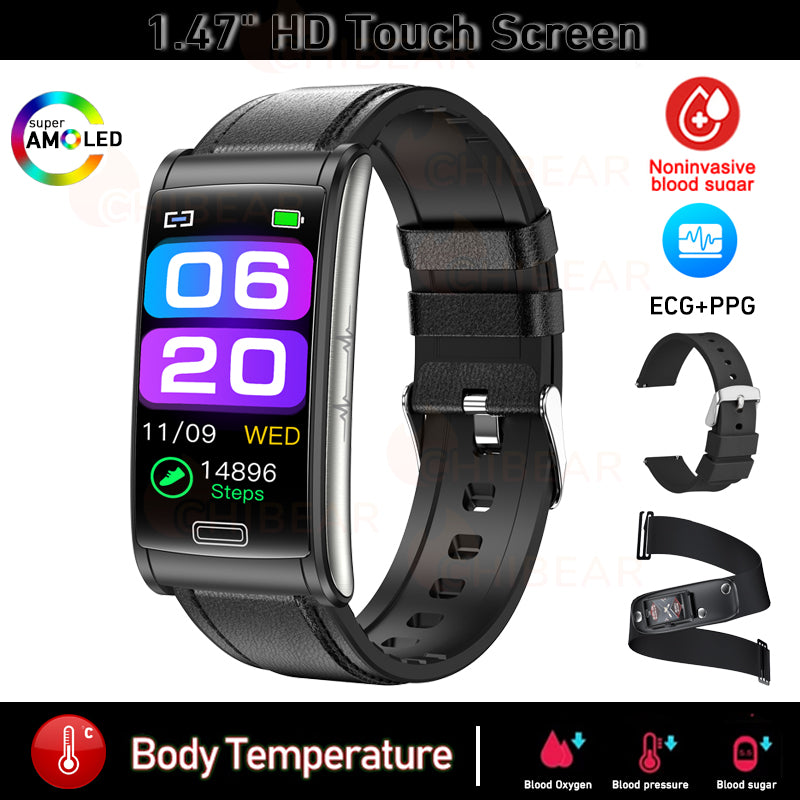 Bracelet intelligent de santé ECG + PPG de glycémie non invasif de haute qualité | Montre intelligente de sport étanche IP68 pour hommes avec surveillance de la glycémie