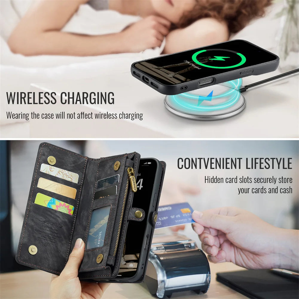 Hochwertiges 2-in-1 Abnehmbare Leder Brieftasche Flip Stand iPhone Hülle | MagSafe Case, Rundumschutz, Kameralinsenschutzabdeckung für Apple iPhone 17/17 Air, 16/16e, 15, 14, 13 Pro Max Plus Cover | Panzertasche Handyhülle | Wallet & Geldbörse Schutzhülle