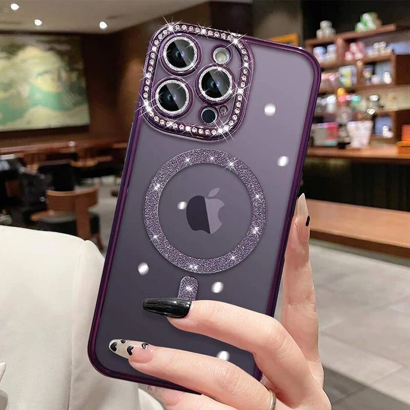 Premium Luxuriöses Rosa Diamant-Glitzer Klarlack-Handyhülle Hülle, MagSafe, Abdeckung,| Apple iPhone 15/11/12/13/14 Pro Max Plus - MagSafe, Magnetische Drahtlose Ladeabdeckung - Phone Heaven Zone