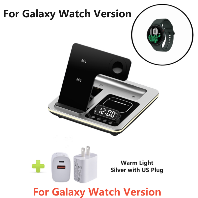 Station de charge rapide sans fil 5-en-1 30W Premium avec LED | Station de chargement rapide sans fil, chargeur avec support et réveil pour iPhone, Samsung, Android, Apple et Galaxy Watch, AirPods