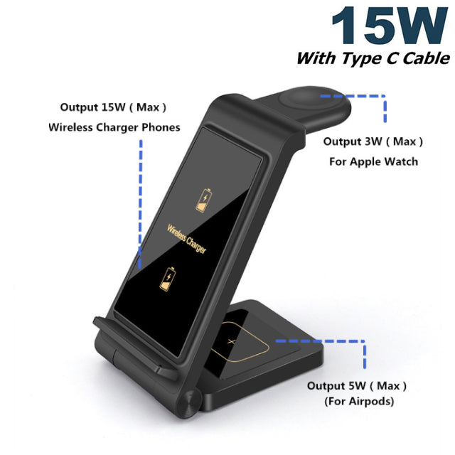 Station de charge rapide 3 en 1 haut de gamme 25 W | Chargeur sans fil pour Apple iPhone, montre, AirPods, Galaxy Buds, écouteurs | Station de recharge rapide sans fil