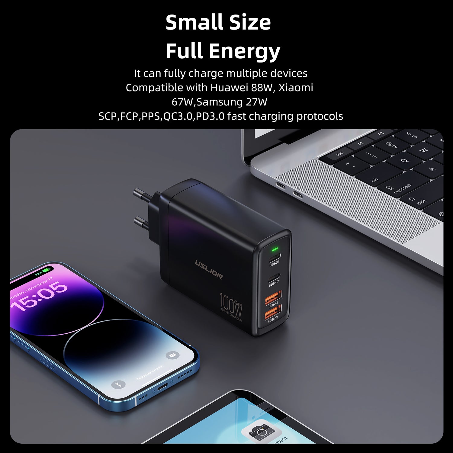 Station de charge rapide de bureau Gan Charger Premium 65W | Adaptateur 4 en 1 pour ordinateur portable et téléphone portable pour Apple iPhone 15 14 13 12 11 Pro Max Plus Mini, iOS, Android, Xiaomi, Samsung - Charge rapide