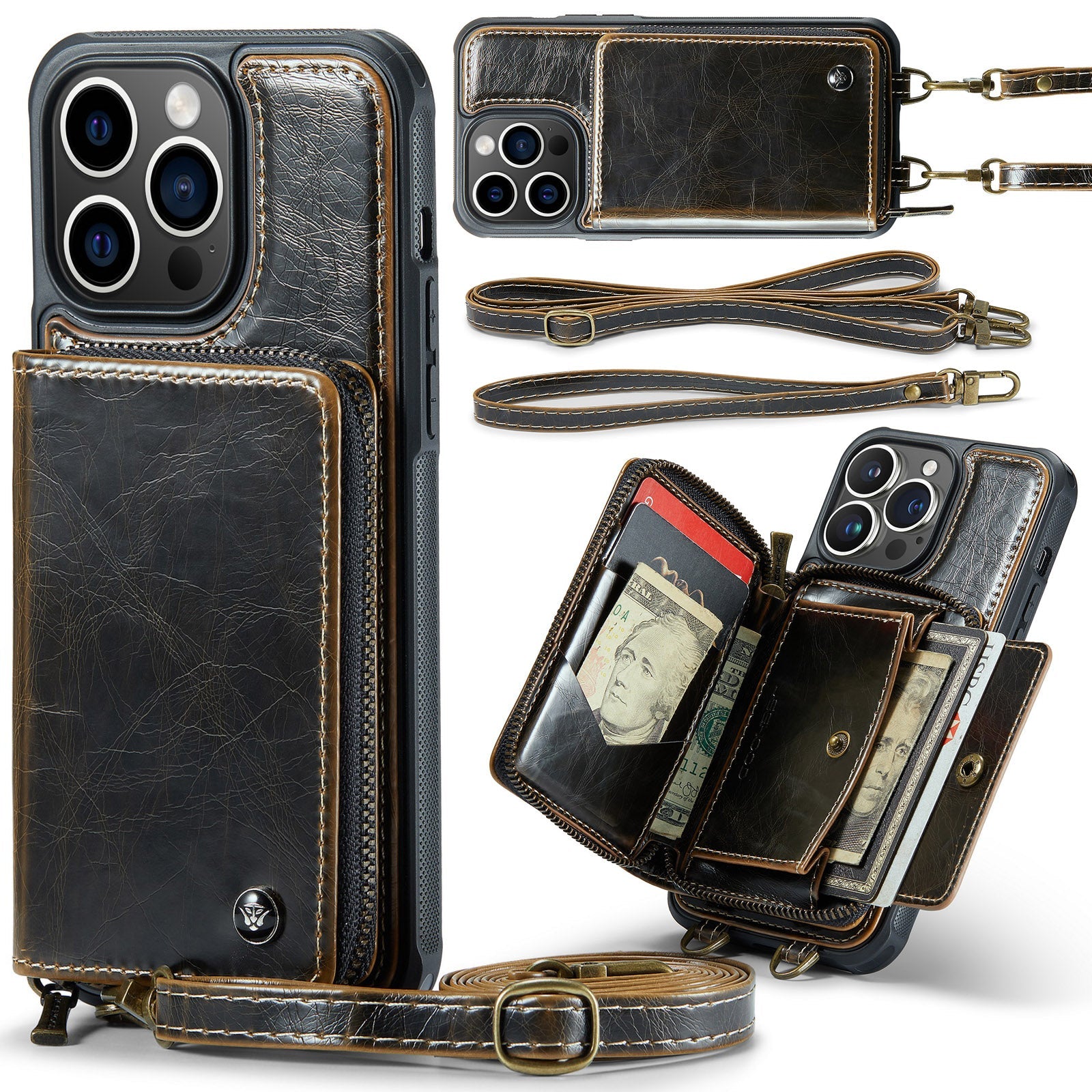 Étui portefeuille en cuir de luxe pour iPhone – Coque bandoulière MagSafe premium avec porte-cartes, fonction support & bandoulière, protection 360° antichoc, design fin, tout organisé – idéal pour extérieur & travail