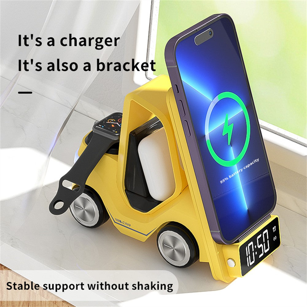 Édition limitée : Station de charge rapide de conception de chariot élévateur MagSafe haut de gamme | Chargeur sans fil pour Apple iPhone, Android, Watch, AirPods | Station de chargement rapide sans fil avec réveil et veilleuse