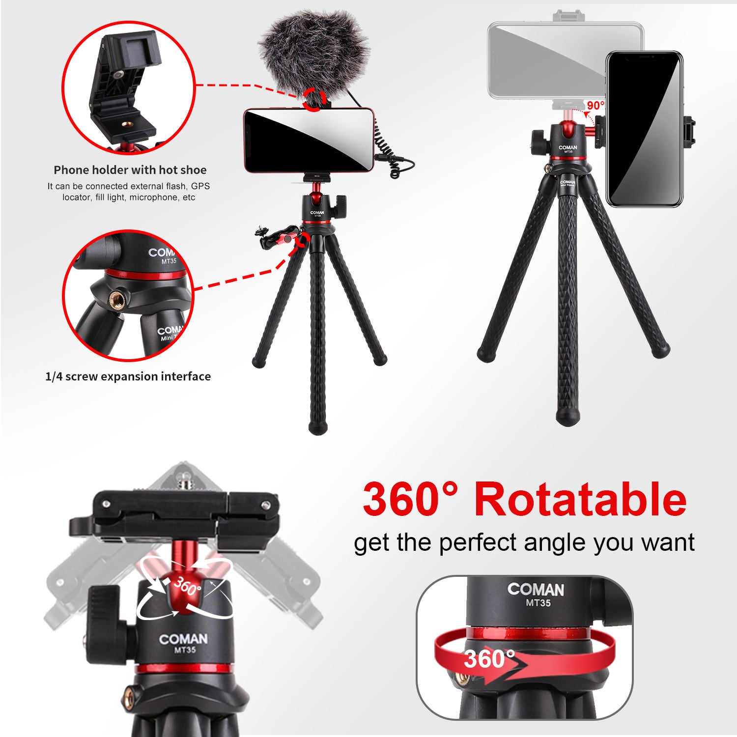 High-Quality Octopus Flex Tripod with 1/4 Screw, Ball Head & Cold Shoe: Universal Phone Clip for Apple iPhone 15/14/13/12/11 Pro Max/Plus/Mini,  SLR, DSLR Camera, GoPro Smartphones, Apple iPhone, Samsung, iOS &amp; Android  | Professional Photo/Video