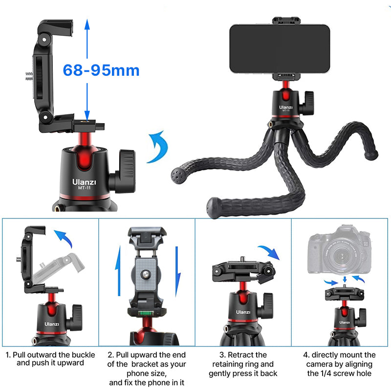 High-Quality Octopus Flex Tripod with 1/4 Screw, Ball Head & Cold Shoe: Universal Phone Clip for Apple iPhone 15/14/13/12/11 Pro Max/Plus/Mini,  SLR, DSLR Camera, GoPro Smartphones, Apple iPhone, Samsung, iOS &amp; Android  | Professional Photo/Video