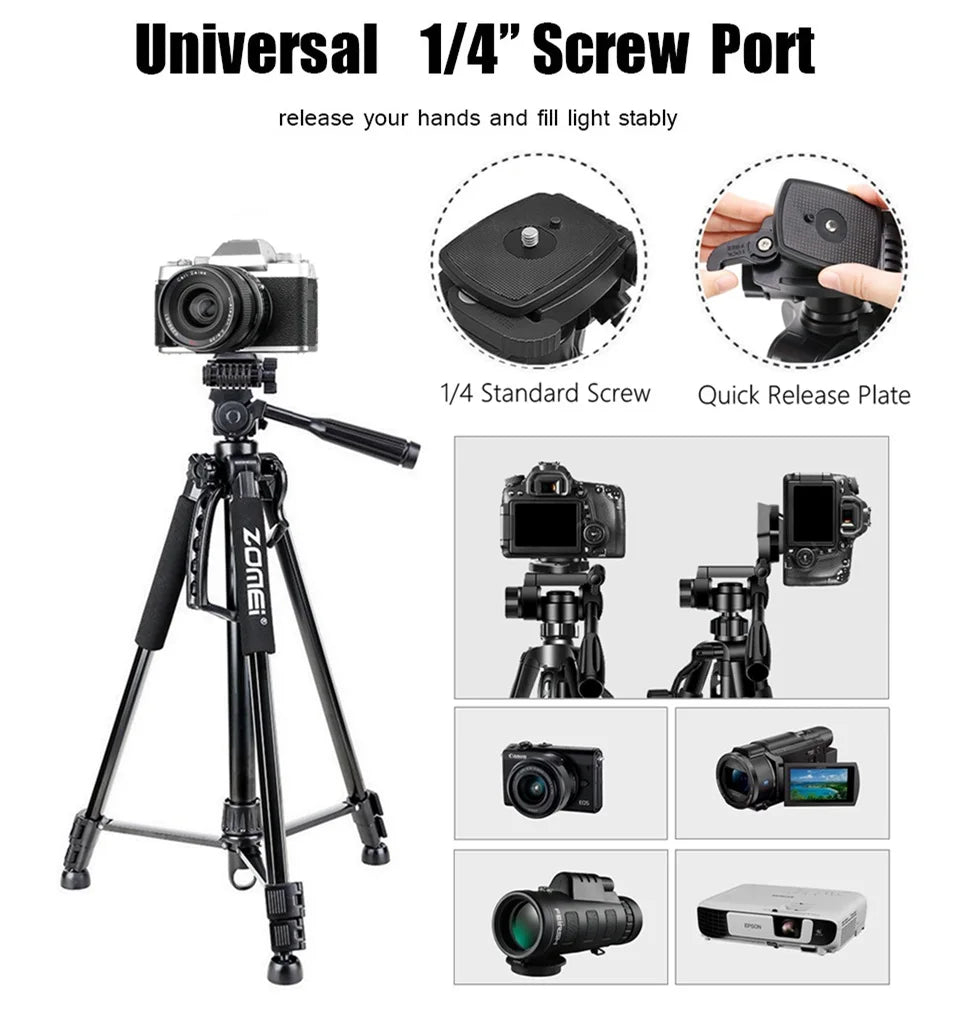 Professional Aluminum Travel Tripod, 140 cm for Videography & Photography: Quick Plate Mounting, Suitable for Smartphones, Apple iPhone 15/14/13/12/11 Pro Max/Plus/Mini, Samsung, Android, GoPro, Canon/Nikon DSLR/SLR