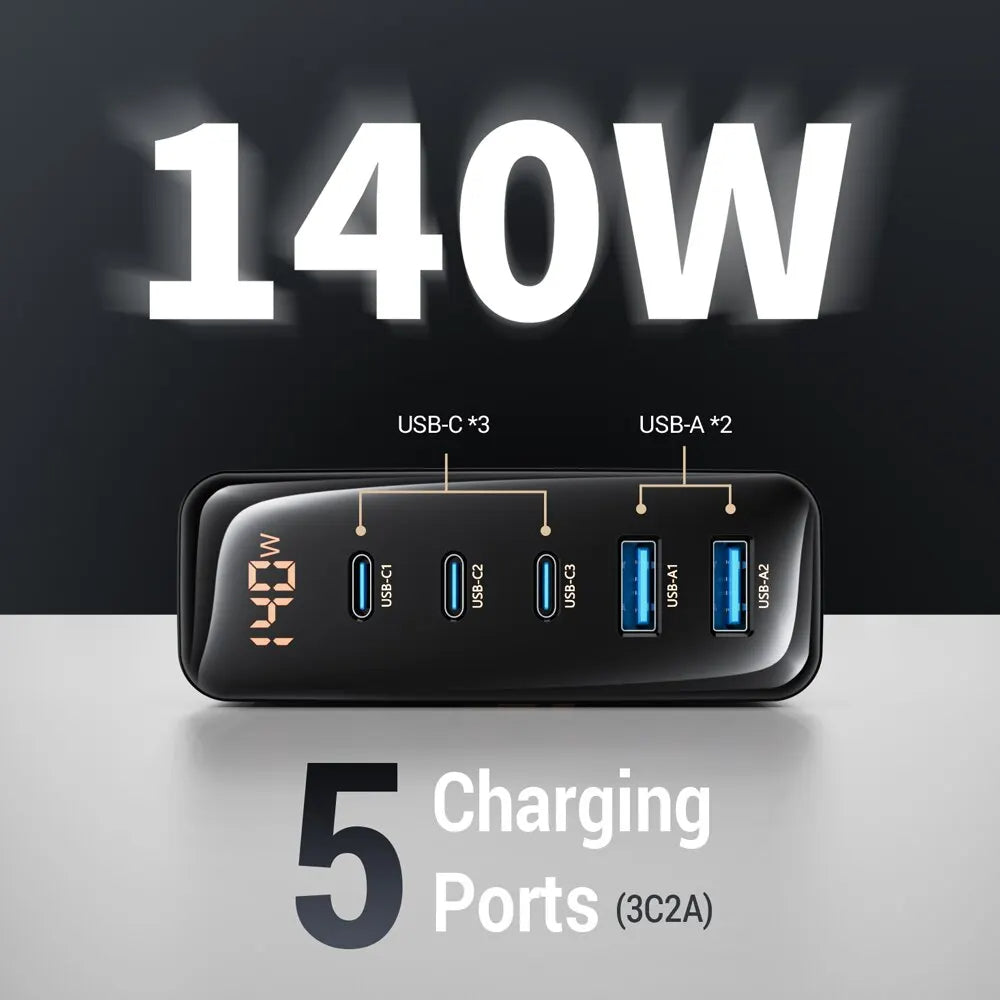 140W GaN Schnellladegerät: Desktop-Ladestation 5 USB-Anschlüsse Charging Station Dockingstation Laptop MacBook iPhone Samsung