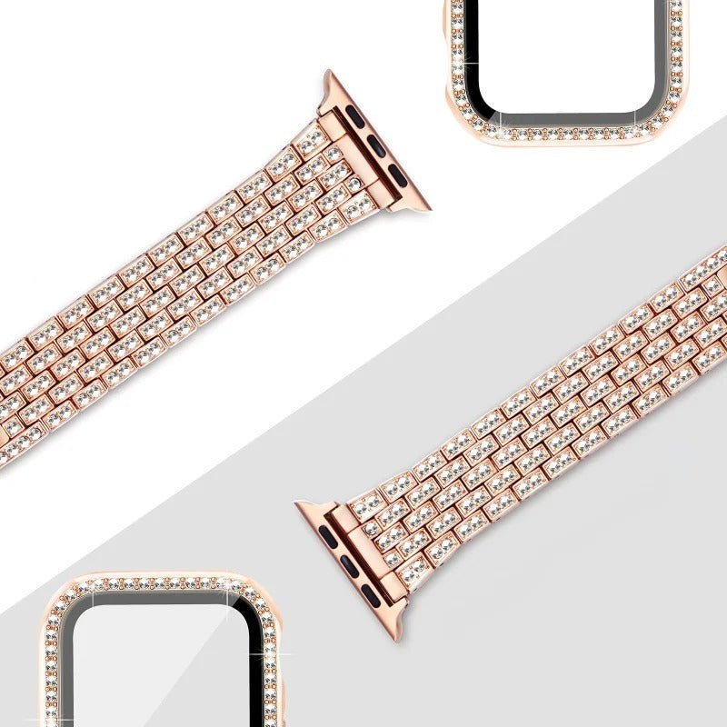 Luxury Premium glitter metal bracelet and diamond protective case for Apple Watch Series 10/9/8/7/6/5/4/3/2/1 & Ultra 2/1, SE: 2024, 2023, 2022, 2021, 2020, 2019, 2018, 2017, 2016 | Ultra 49mm, 45mm, 41mm, 40mm, 44mm, 42mm bracelet for iWatch.