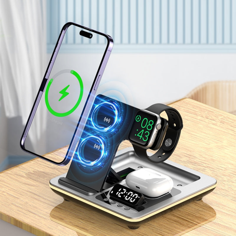 5-in-1 Wireless Fast Charging Station 30W Premium with LED | Wireless Fast Charging Dock, Charger with Stand and Alarm forSmartphones, Apple iPhone, Samsung, iOS & Android Watch, AirPods