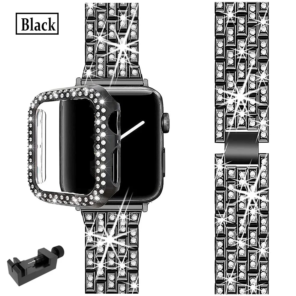 Luxury Premium glitter metal bracelet and diamond protective case for Apple Watch Series 10/9/8/7/6/5/4/3/2/1 & Ultra 2/1, SE: 2024, 2023, 2022, 2021, 2020, 2019, 2018, 2017, 2016 | Ultra 49mm, 45mm, 41mm, 40mm, 44mm, 42mm bracelet for iWatch.