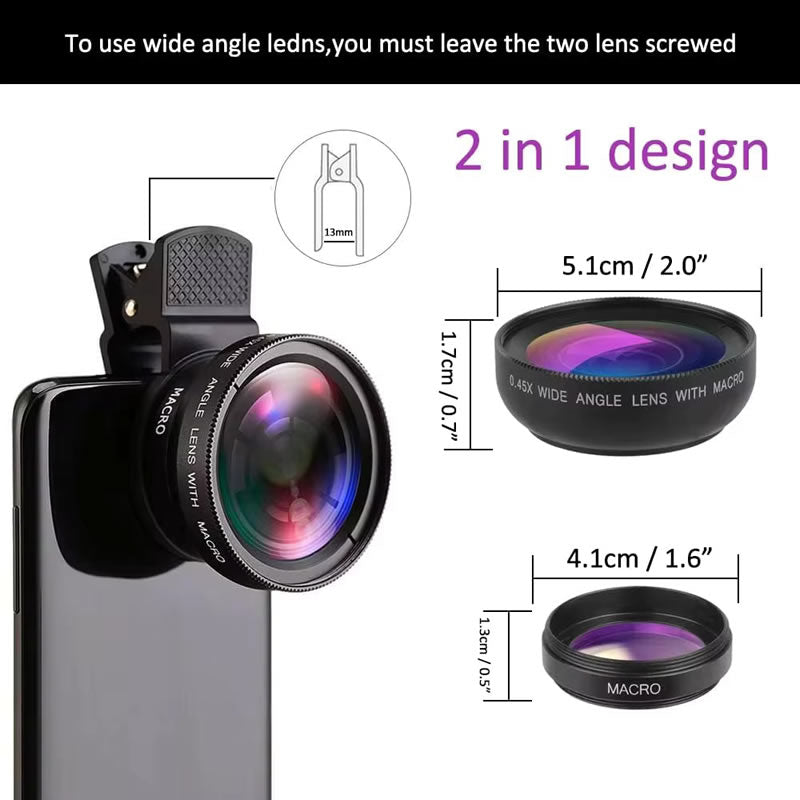 High-Quality 2-in-1 Universal Clip 37mm Phone Lens: 0.45x 49UV Super Wide-Angle + Macro HD, for Smartphones | Compatible with Apple iPhone 15/14/13/12/11 Pro Max Plus Mini, Smartphones, Apple iPhone, Samsung, iOS & Android | Limited Edition