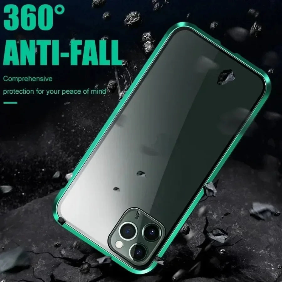 Hochwertige iPhone Hülle: Metallrahmen und doppelseitigem Glas | MagSafe-kompatible, Magnetische Adsorption, 360° Vollschutz Case | Stoßfest Glasobjektiv-Kameraschutz Panzer-Schutzhülle | Apple iPhone 17/17 Air, 16/16e, 15, 14, 13 Pro Max Plus Cover