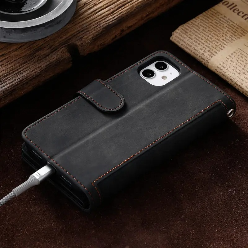 Hochwertige Leder-Handyhülle mit Reißverschluss, Kartenhalter, Stand und Riemen iPhone Hülle | Flip-Cover Case für Apple iPhone 17/17 Air, 16/16e, 15, 14, 13, 12 Pro Max, Pro, Plus & Mini - Vielseitige Schutzhülle