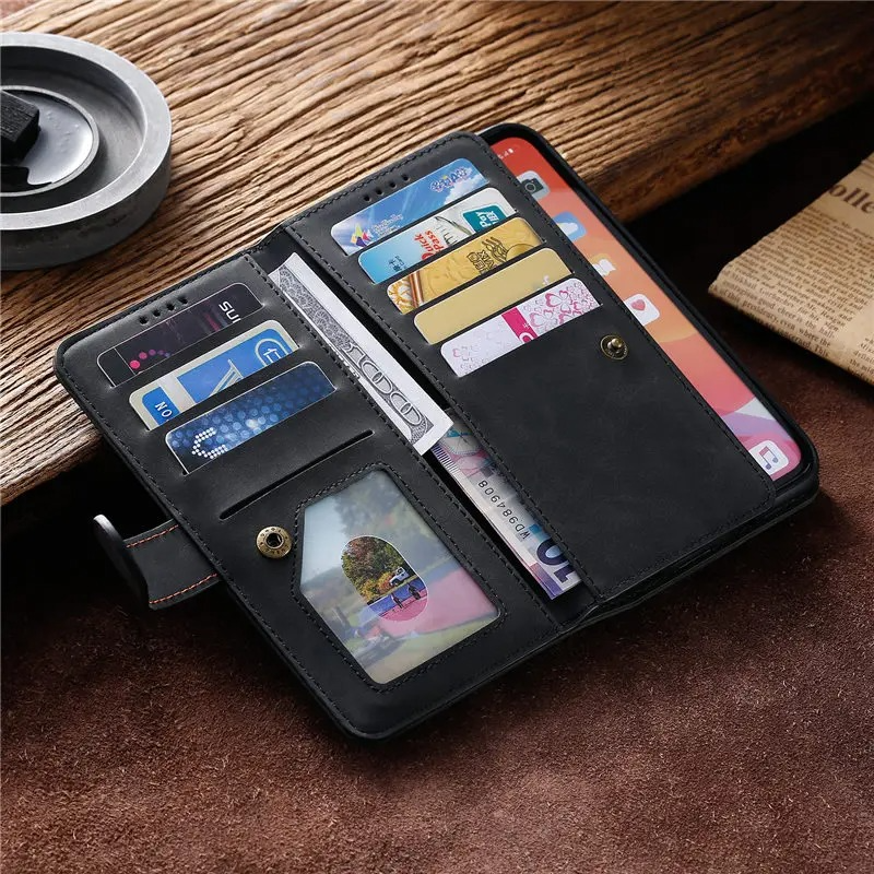 Hochwertige Leder-Handyhülle mit Reißverschluss, Kartenhalter, Stand und Riemen iPhone Hülle | Flip-Cover Case für Apple iPhone 17/17 Air, 16/16e, 15, 14, 13, 12 Pro Max, Pro, Plus & Mini - Vielseitige Schutzhülle