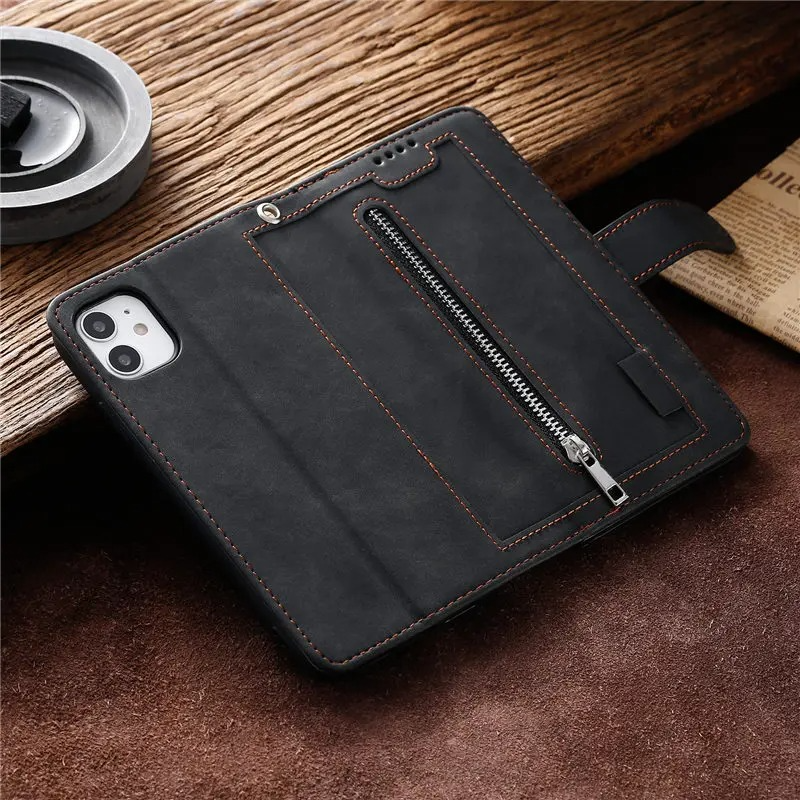 Hochwertige Leder-Handyhülle mit Reißverschluss, Kartenhalter, Stand und Riemen iPhone Hülle | Flip-Cover Case für Apple iPhone 17/17 Air, 16/16e, 15, 14, 13, 12 Pro Max, Pro, Plus & Mini - Vielseitige Schutzhülle
