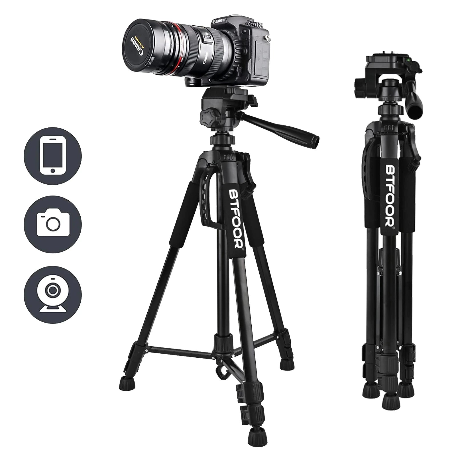 Professional Aluminum Travel Tripod, 140 cm for Videography & Photography: Quick Plate Mounting, Suitable for Smartphones, Apple iPhone 15/14/13/12/11 Pro Max/Plus/Mini, Samsung, Android, GoPro, Canon/Nikon DSLR/SLR