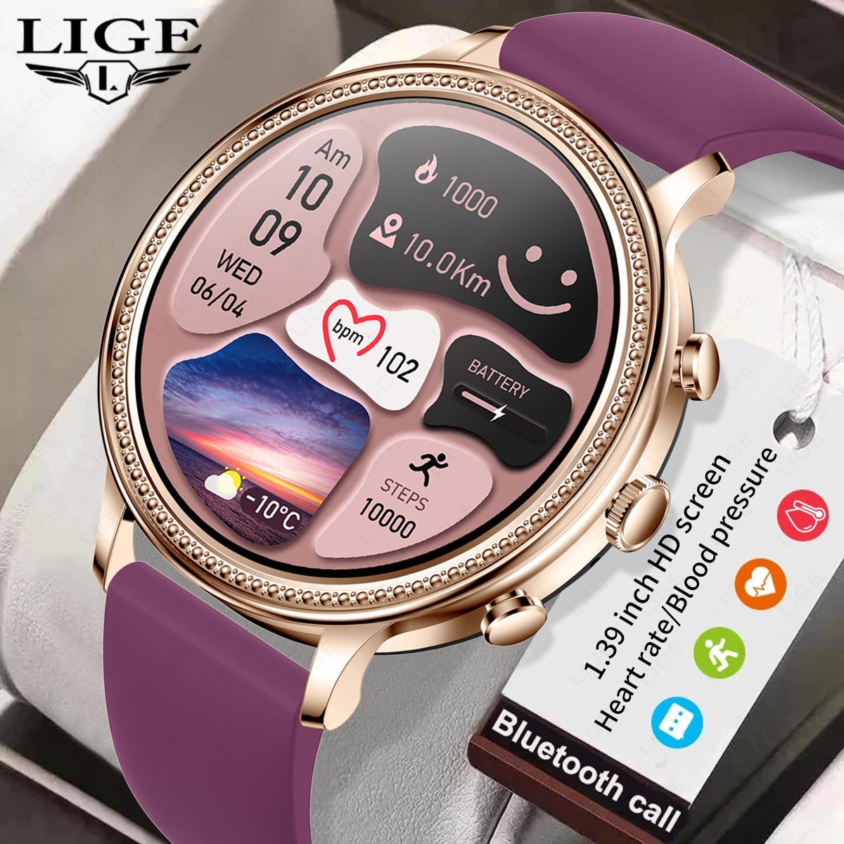 Luxury Lige Luxus Smartwatches für Frauen Bluetooth Anruf Telefon Gesundheitsmonitor Sport Smartwatch Geschenk | Limitierte 