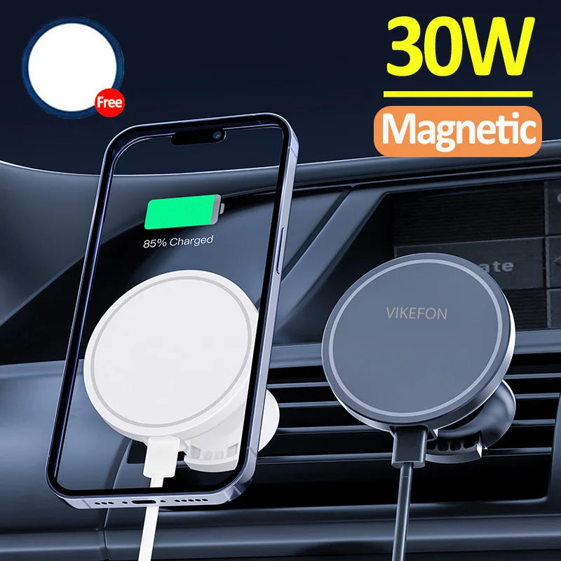 High-Quality Magnetic 30W Wireless Car Charger with Phone Mount for Smartphones, Apple iPhone, Samsung, iOS & Android | Fast Charging Station and Car Holder