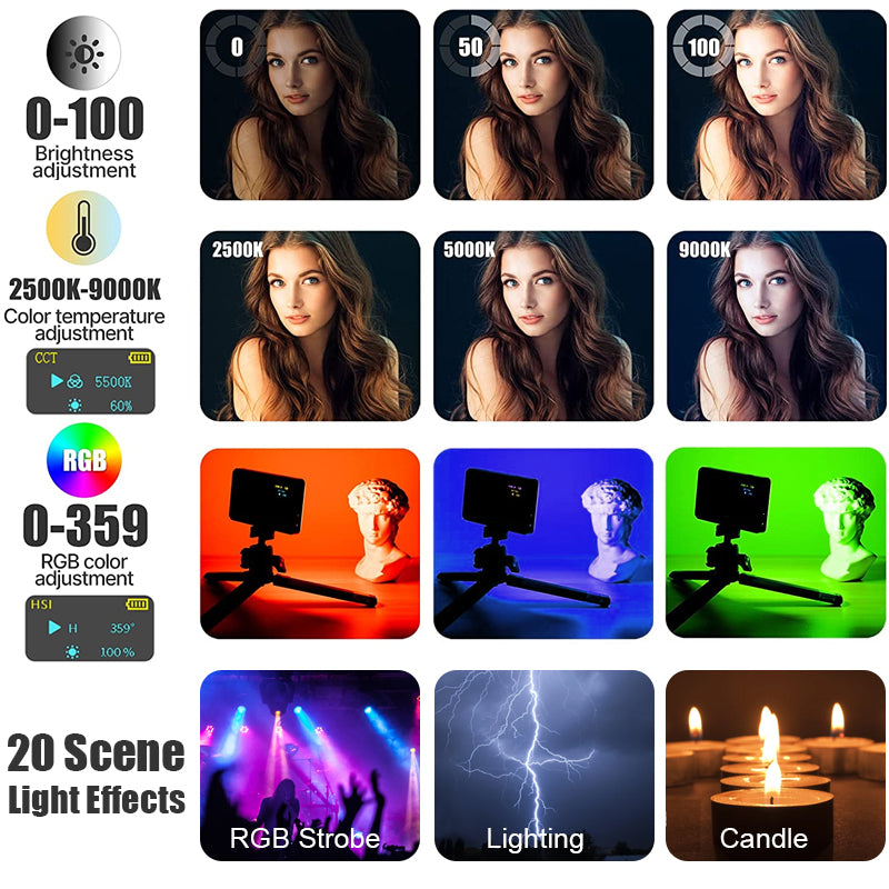 Luxury VL120 RGB LED Video Light for Camera, Smartphones, Apple iPhone, Samsung, iOS & Android Apple iPhone 15/14/13/12/11 Pro Max/Plus/Mini, Samsung, Android, Full Color, Dimmable, 2500-9000K, Rechargeable, 3100mAh, Limited Edition Studio Lamp