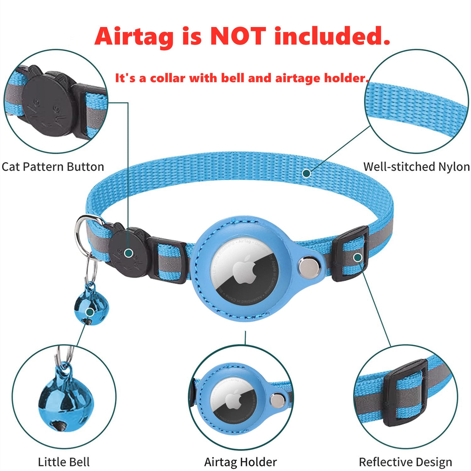 Premium Detachable AirTag Case & Collar for Cats: Reflective Cover with Apple AirTag Holder | Bell for Kitten Girls & Boys