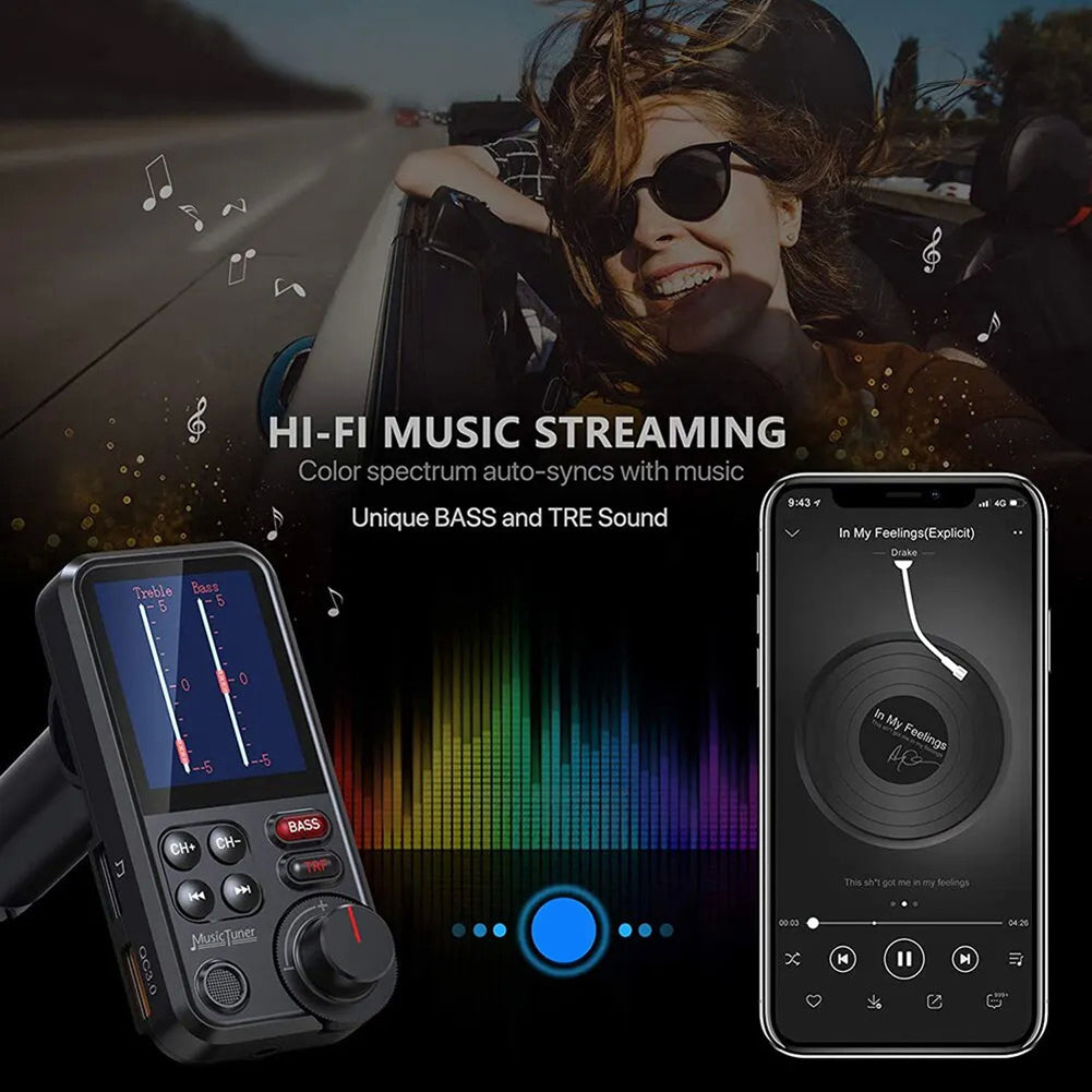 Premium Car USB Phone Charger & Bluetooth FM Transmitter | Supports QC 3.0 Charging, Sound Control, Music Player for Treble and Bass Smartphones, Apple iPhone, Samsung, iOS & Android