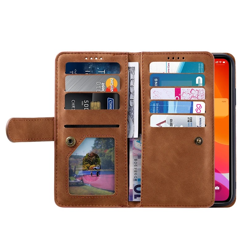 Hochwertige Leder-Handyhülle mit Reißverschluss, Kartenhalter, Stand und Riemen iPhone Hülle | Flip-Cover Case für Apple iPhone 17/17 Air, 16/16e, 15, 14, 13, 12 Pro Max, Pro, Plus & Mini - Vielseitige Schutzhülle