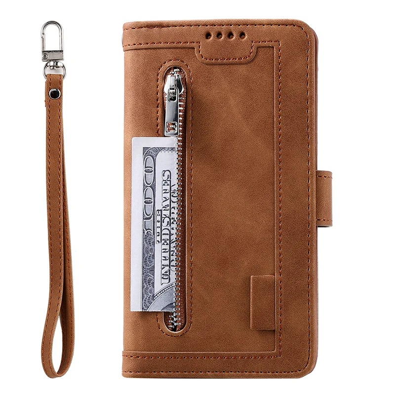Hochwertige Leder-Handyhülle mit Reißverschluss, Kartenhalter, Stand und Riemen iPhone Hülle | Flip-Cover Case für Apple iPhone 17/17 Air, 16/16e, 15, 14, 13, 12 Pro Max, Pro, Plus & Mini - Vielseitige Schutzhülle