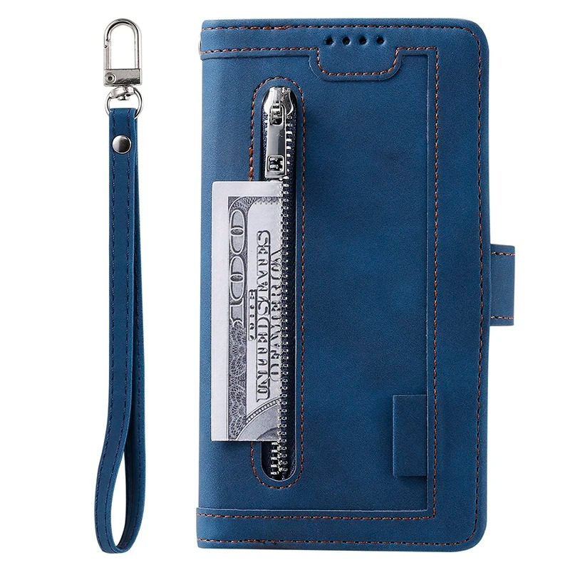Hochwertige Leder-Handyhülle mit Reißverschluss, Kartenhalter, Stand und Riemen iPhone Hülle | Flip-Cover Case für Apple iPhone 17/17 Air, 16/16e, 15, 14, 13, 12 Pro Max, Pro, Plus & Mini - Vielseitige Schutzhülle