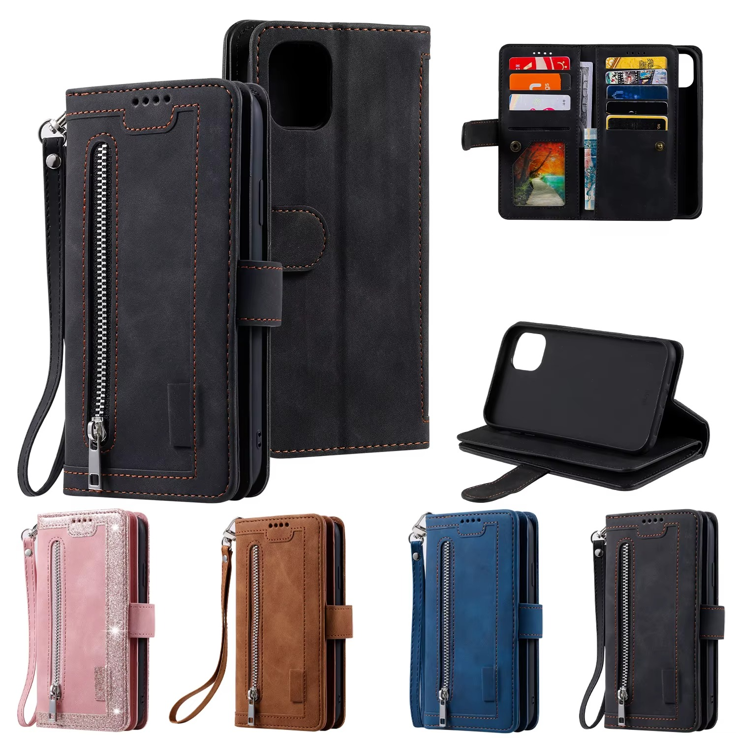 Hochwertige Leder-Handyhülle mit Reißverschluss, Kartenhalter, Stand und Riemen iPhone Hülle | Flip-Cover Case für Apple iPhone 17/17 Air, 16/16e, 15, 14, 13, 12 Pro Max, Pro, Plus & Mini - Vielseitige Schutzhülle