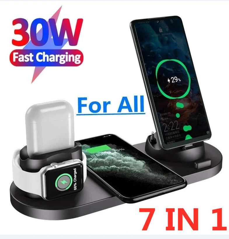 7-in-1 Charging Station Fast Wireless Charger | Fast Charging Dock 30W USB Type C  Apple Watch, AirPods, Smartphones, Apple iPhone, Samsung, iOS & Android Fast Charger