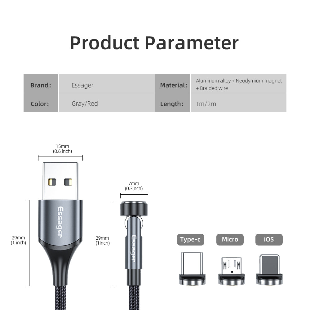 Schnellladendes 540° drehbares magnetisches Kabel für Apple iPhone, iOS, Samsung & Android - 3A Datenübertragung USB Typ C