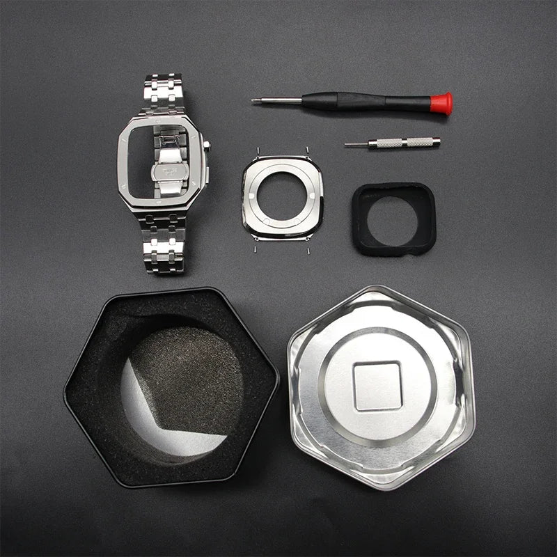 Luxus Modifikations-Kit für Apple Watch Serie 9/8/7/SE/6/5/ 45mm/44mm Metallgehäuse und Hülle, Rahmen & Armband Case Zubehör