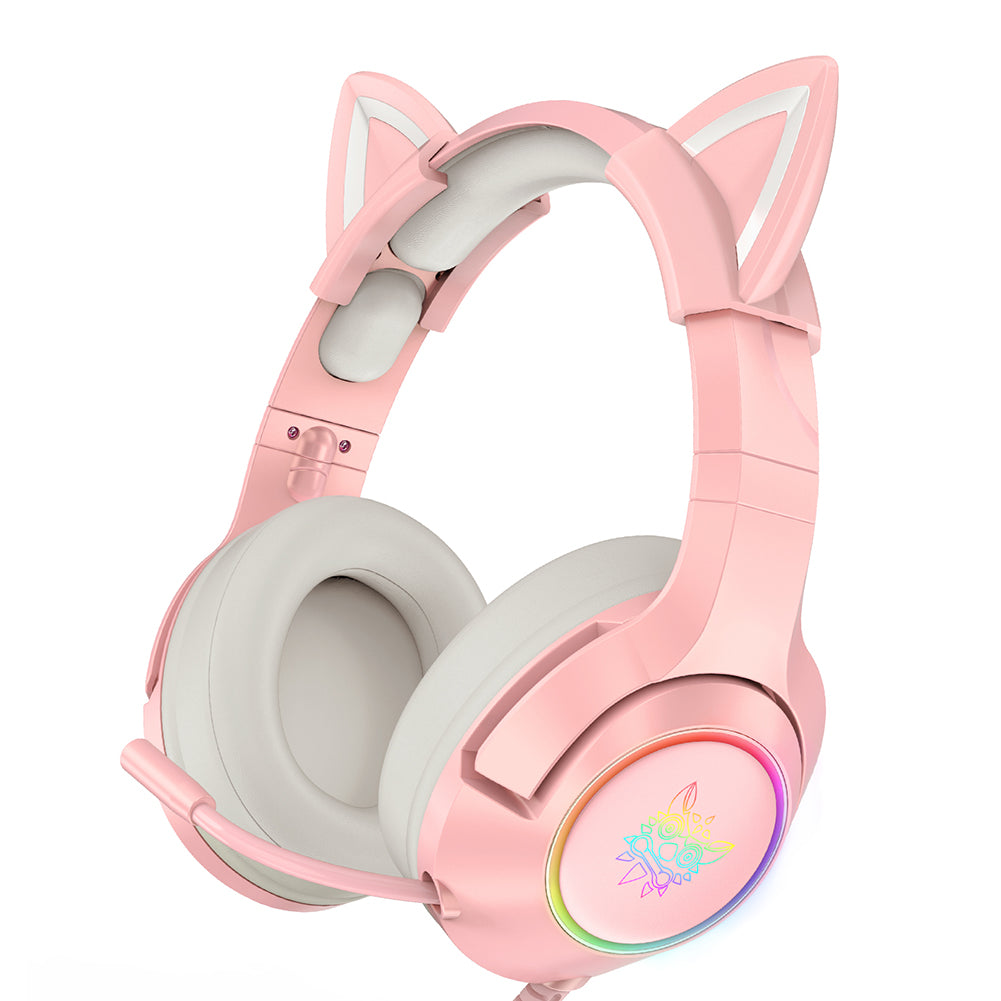 High-quality Onikuma X15 Pro Over-Ear Gaming Headset with Cable | Noise Cancellation, Pink Cat Ears, RGB Light, and Microphone for PC PS4 Gaming