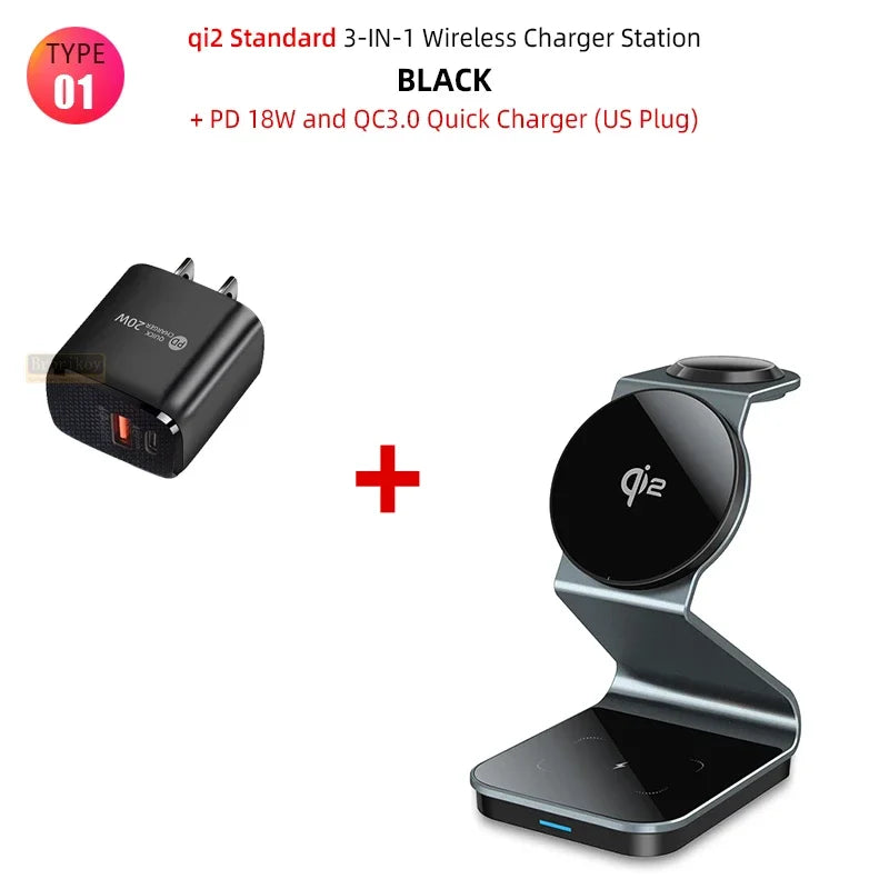 3 In 1 Foldable Magnetic Charging Station 15W Wireless Charger Aluminum Fast Charging Dock Wireless Charging Station for Smartphones, Apple iPhone, Samsung, iOS & Android