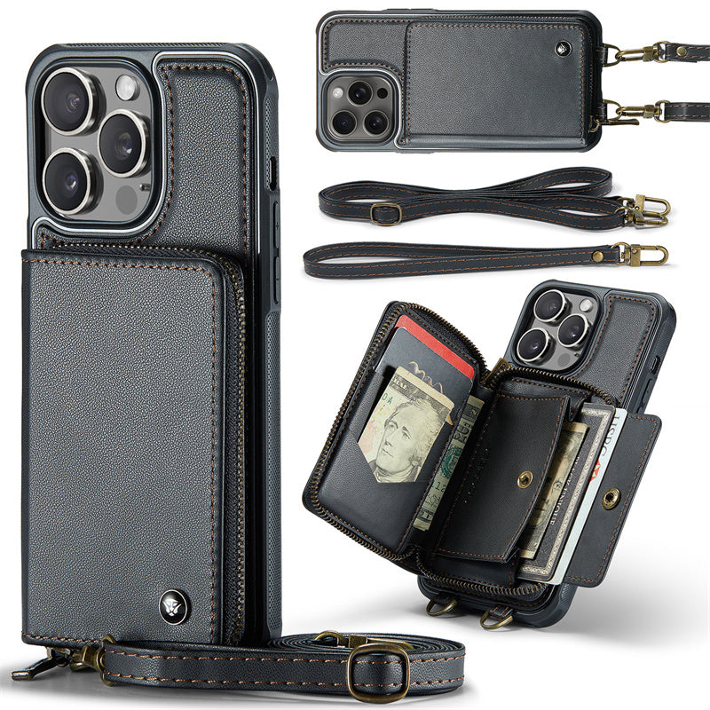 Étui portefeuille en cuir de luxe pour iPhone – Coque bandoulière MagSafe premium avec porte-cartes, fonction support & bandoulière, protection 360° antichoc, design fin, tout organisé – idéal pour extérieur & travail