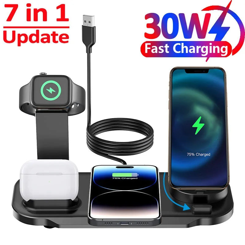 Premium 3-in-1 LED Fast Charging Station | Multifunctional Wireless Charger Fast Wireless Charging Station Docking Station for Smartphones, Apple iPhone, Samsung, iOS & Android AirPods, Apple Watch & iPad | Phone/Tablet Stand & Holder