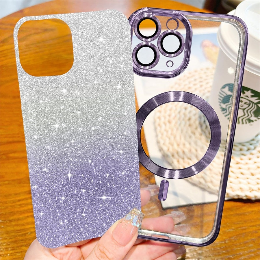 Luxury Crossbody Lanyard Gradient Glitter Magnetic Case iPhone Case | MagSafe Case with Camera Lens Protection Cover for Apple iPhone 16/15/14/13/12 Pro Max Plus Mini | Armor Soft TPU Plating Phone Case | Premium Protection