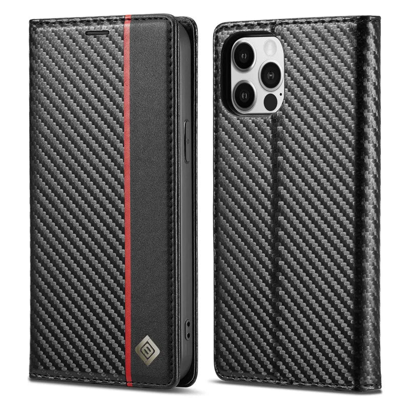 Premium Carbon Fiber Leather Wallet | Magnetic Flip Book Cover iPhone Case | MagSafe Case with Card Holder, Stand, and Wallet Function for Apple iPhone 16/15/14/13/12 Pro Max, Plus, Mini - Versatile Protective Cover