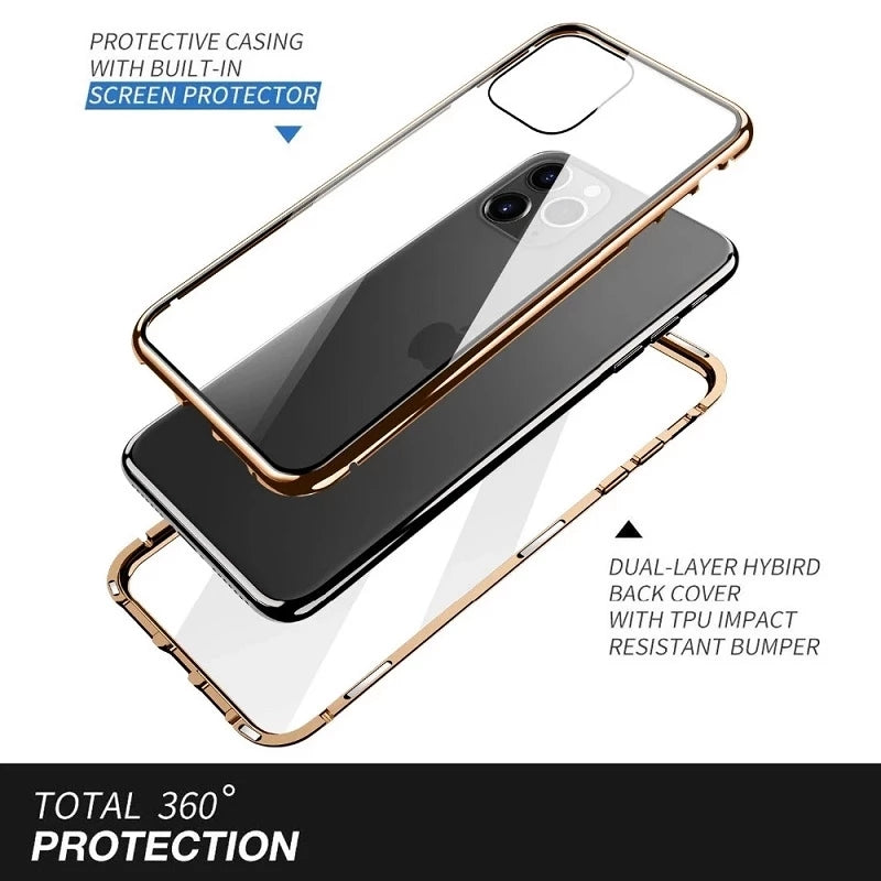 Hochwertige iPhone Hülle: Metallrahmen und doppelseitigem Glas | MagSafe-kompatible, Magnetische Adsorption, 360° Vollschutz Case | Stoßfest Glasobjektiv-Kameraschutz Panzer-Schutzhülle | Apple iPhone 17/17 Air, 16/16e, 15, 14, 13 Pro Max Plus Cover