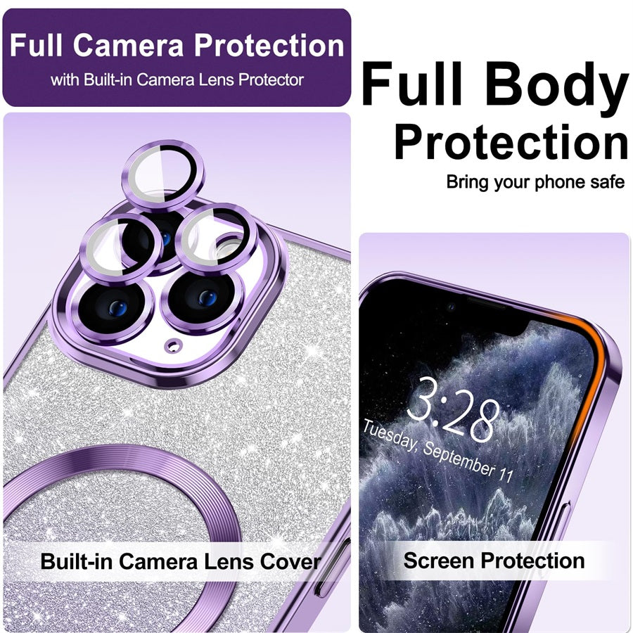 Luxury Crossbody Lanyard Gradient Glitter Magnetic Case iPhone Case | MagSafe Case with Camera Lens Protection Cover for Apple iPhone 16/15/14/13/12 Pro Max Plus Mini | Armor Soft TPU Plating Phone Case | Premium Protection