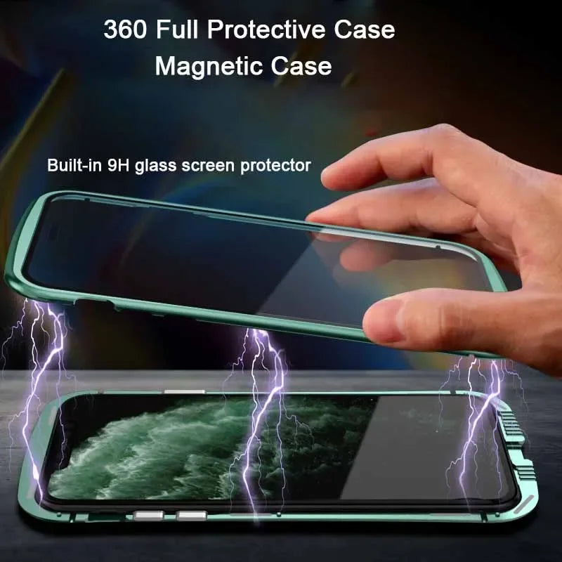 Hochwertige iPhone Hülle: Metallrahmen und doppelseitigem Glas | MagSafe-kompatible, Magnetische Adsorption, 360° Vollschutz Case | Stoßfest Glasobjektiv-Kameraschutz Panzer-Schutzhülle | Apple iPhone 17/17 Air, 16/16e, 15, 14, 13 Pro Max Plus Cover