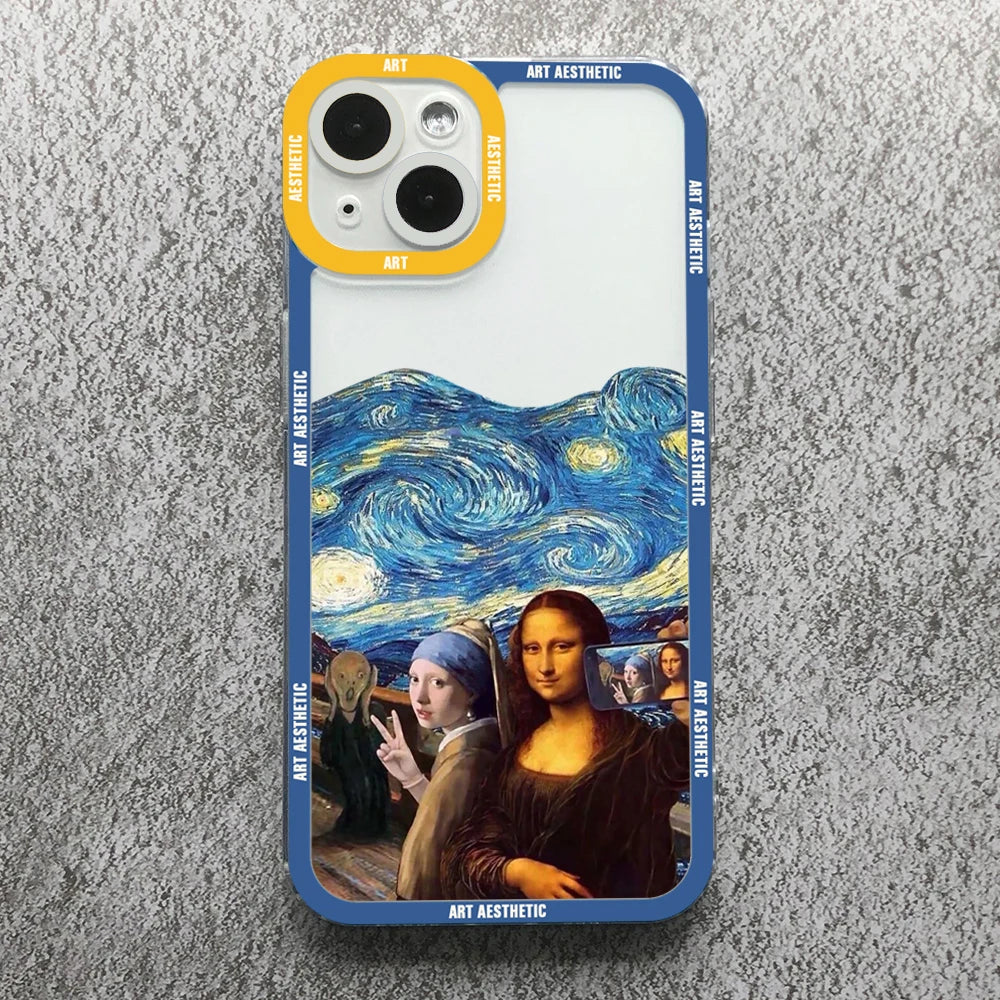 Premium Artistic Aesthetic History Design: 'David & Mona Lisa' Clear iPhone Case | MagSafe Case 360-Degree Prtection & Camera Lens Cover for Apple iPhone 16/15/14/13/12 Pro Max, Pro, Plus, e & Mini  Cover | Shockproof Phone Case with Armor & Bumper