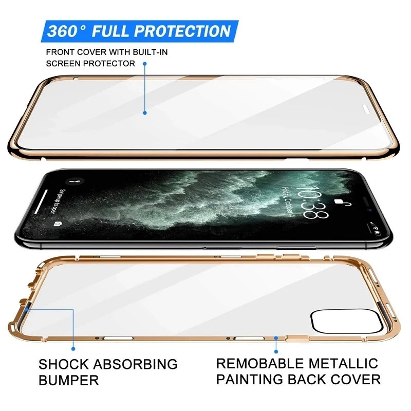 Hochwertige iPhone Hülle: Metallrahmen und doppelseitigem Glas | MagSafe-kompatible, Magnetische Adsorption, 360° Vollschutz Case | Stoßfest Glasobjektiv-Kameraschutz Panzer-Schutzhülle | Apple iPhone 17/17 Air, 16/16e, 15, 14, 13 Pro Max Plus Cover