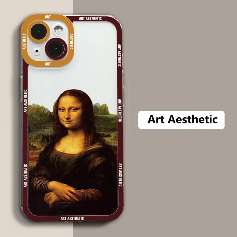 Premium Artistic Aesthetic History Design: 'David & Mona Lisa' Clear iPhone Case | MagSafe Case 360-Degree Prtection & Camera Lens Cover for Apple iPhone 16/15/14/13/12 Pro Max, Pro, Plus, e & Mini  Cover | Shockproof Phone Case with Armor & Bumper