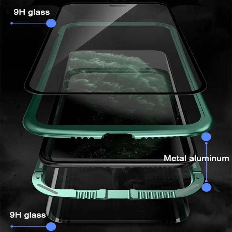Hochwertige iPhone Hülle: Metallrahmen und doppelseitigem Glas | MagSafe-kompatible, Magnetische Adsorption, 360° Vollschutz Case | Stoßfest Glasobjektiv-Kameraschutz Panzer-Schutzhülle | Apple iPhone 17/17 Air, 16/16e, 15, 14, 13 Pro Max Plus Cover