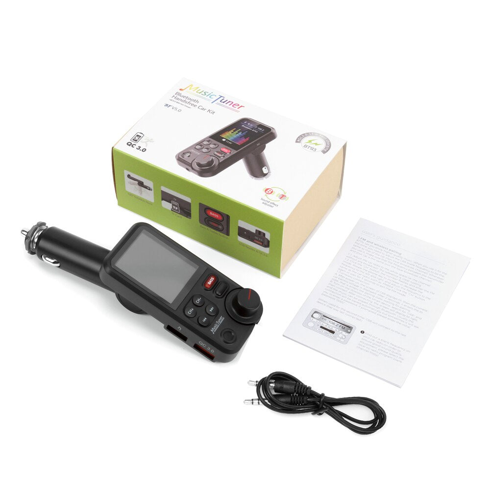 1,8-Zoll kabelloser Auto-Bluetooth-FM-Transmitter, unterstützt QC 3.0-Ladung, Klangregelung, Musikspieler für Treble und Bass